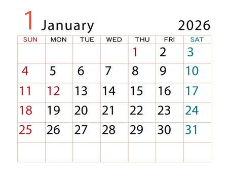 Calendar for January 2026. Week starts from Monday. Vector illustration.のイラスト素材