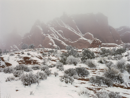 Inversion fog in winter,  Arches National Park, Utahの写真素材