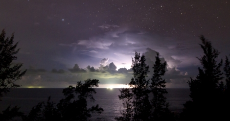 lightning behind clouds with starry skyの写真素材