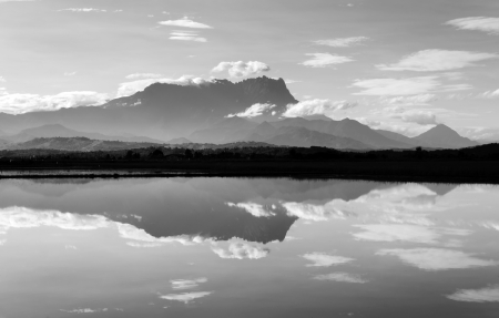 Reflection of Mount Kinabalu in black and whiteの写真素材
