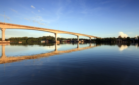 Reflection of a bridge with blue sky at Sabah, Borneo, Malaysiaの写真素材