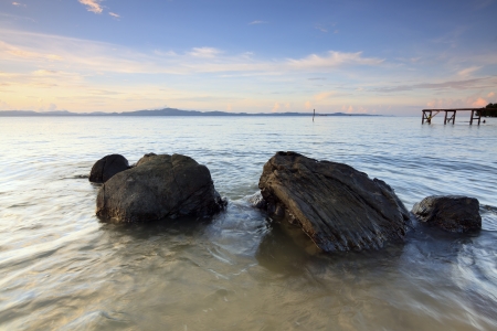 Rocks at a tropical beach in Sabah, Borneo, Malaysiaの写真素材