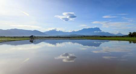 Reflection of Mount Kinabalu at Sabah, Borneo, Malaysiaの写真素材