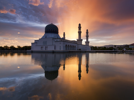Beautiful Kota Kinabalu city mosque at sunrise in Sabah, Malaysia, Borneoの写真素材
