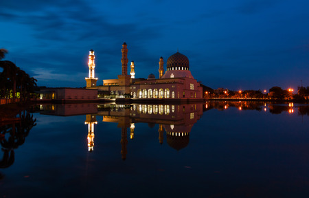 Reflection of Kota Kinabalu city mosque at dawn in Sabah, East Malaysia, Borneoの写真素材