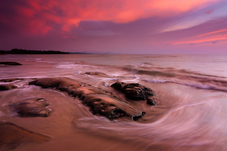 Waves and sunset at a beach in Kudat, Sabah, East Malaysia, Borneoの写真素材