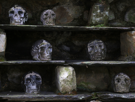 Rack of enemy skulls displayed at Formosan Cultural Village, Taiwanの写真素材