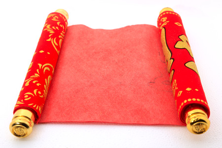Red Chinese scroll shot over white backgroundの写真素材