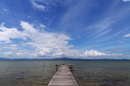 Wooden jetty with beautiful blue sky at Pitas, Sabah, East Malaysiaの写真素材