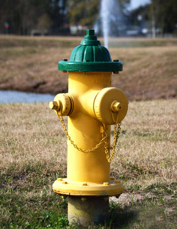 A yellow and green fire hydrant in a new subdivision.の写真素材