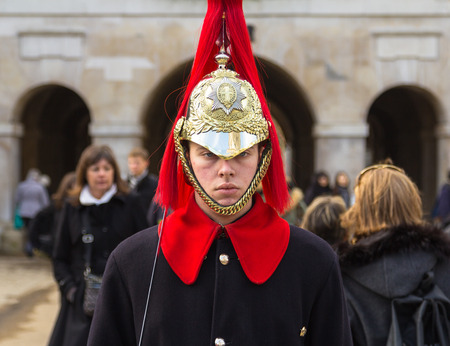 LONDON, UK, 2ND FEB 2014  A Horse Guards Soldier standing to attention outside horse guards parade...