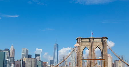 NEW YORK CITY, USA - 1ST SEPTEMBER 2014: A view of the arches of Brooklyn Bridge in NYC with part of...