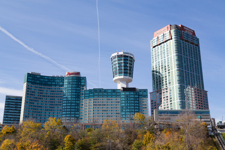 NIAGARA FALLS, CANADA - 3RD NOVEMBER 2014: A low view of hotels in Niagara Falls during the day/. The Marriot, Tower Hotel and Embassy Suites can be seen.のeditorial素材
