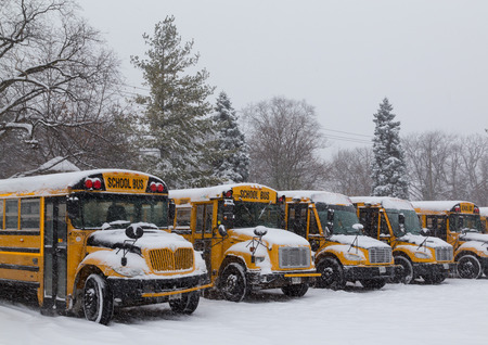 TORONTO, CANADA - 11TH DECEMBER 2014: Toronto School Bus's parked up during the snow