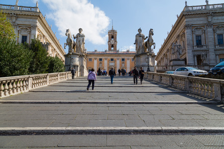 ROME, ITALY - 11TH MARCH 2015: A path leading up to the Piazza del Campidoglio and Musei Capitolini during the day. People can be seen.のeditorial素材