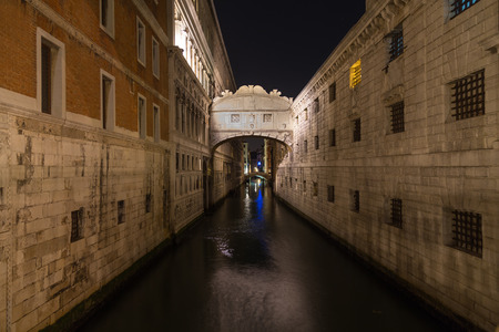 A view of the Bridge of Sighs (Ponte dei Sospiri) in Venice at night. There is space for text.の写真素材