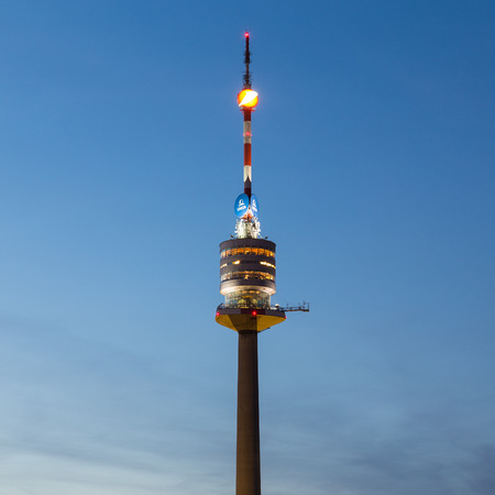 VIENNA, AUSTRIA - 26TH AUGUST 2015: A view of the Donau Tower in Vienna at Night shortly after...
