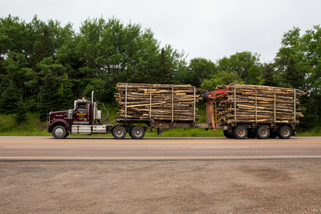 CAPE BRETON, CANADA - 8TH JULY 2015: A Timber Truck on a road in Cape Breton, Nova Scotia showing lots of tree trunks in the trailer.のeditorial素材