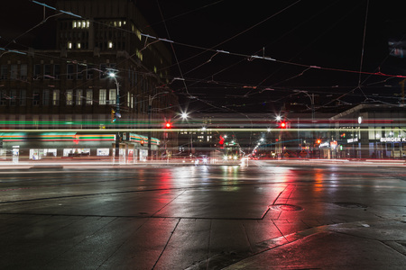 TORONTO, CANADA - 17TH JANUARY 2015: Roads in Toronto at night. The blur of traffic can be seen going past.のeditorial素材