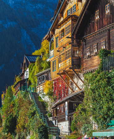 HALLSTATT, AUSTRIA - 28TH OCTOBER 2015: The outside of colorful buildings in Hallstatt in the Autumn...