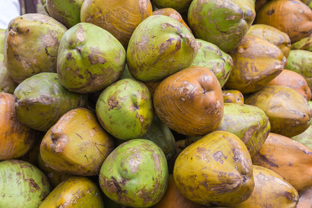 Closeup to Green Coconuts in India at a Market Stand