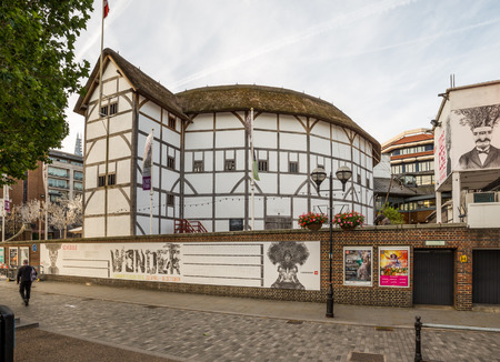 LONDON, UK - 6TH JULY 2016:  A view of the outside of Shakespeares Globe Theatre in the morning. A person can be seen.のeditorial素材