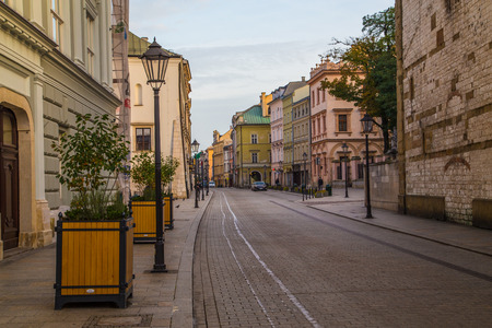 KRAKOW, POLAND -  15TH OCTOBER 2016: A view along Grodzka street in Krakow during the morning. The outside of buildings can be seen.のeditorial素材