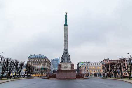 RIGA, LATVIA - 2ND JAN 2017: The front of The Freedom Monument in central Riga during the day in the winter. The monument is dedicated to those that lost their lives fighting for independenceのeditorial素材