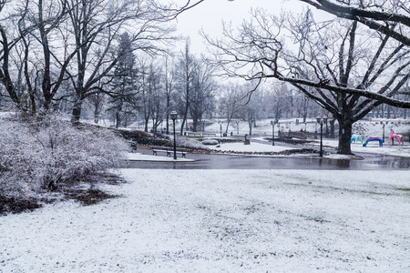 RIGA, LATVIA - 2ND JAN 2017: A view of Bastejkalna park in Riga in the winter. Lots of snow can be seen.のeditorial素材