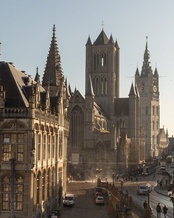 GHENT, BELGIUM - 19TH FEB 2016: A view towards Saint Nicholas' Church in Ghent City Center in the morning.のeditorial素材