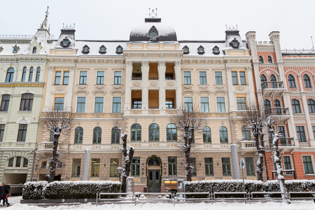 RIGA, LATVIA - 3RD JAN 2017:  Architecture along Elizabetes iela in central Riga showing the outside facades and details.のeditorial素材
