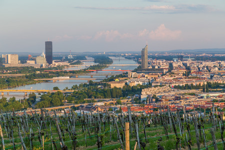 VIENNA, AUSTRIA - 7TH MAY 2016: Part of the Vienna Skyline from kahlenberg showing buildings, bridges and the River Danube.のeditorial素材
