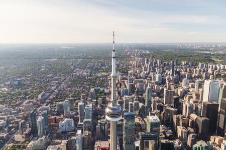 TORONTO, CANADA - 6TH JUNE 2015: A view of buildings in downtown Toronto viewed from the airのeditorial素材