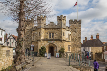 BUCKINGHAM, UK - 6TH MARCH 2015: The outside of the Old Gaol Museum in Buckingham town centre during the day. People can be seen.のeditorial素材