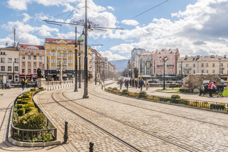 SOFIA, BULGARIA - 2ND APRIL 2018:  A view of streets, buildings during the day in Sofia, the capital city of Bulgaria. People can be seen.のeditorial素材