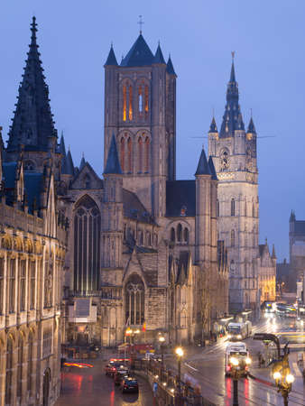GHENT, BELGIUM - 18TH FEB 2016: Views towards Saint Nicholas' Church at night.のeditorial素材