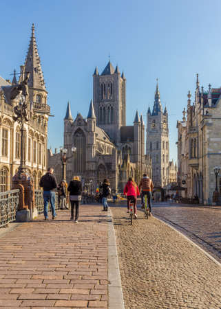 GHENT, BELGIUM -  19TH FEB 2016: Streets of Ghent showing historic architecture and people.のeditorial素材