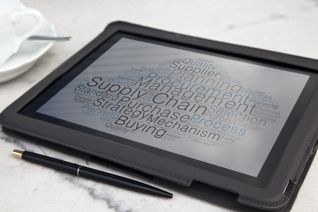 tablet with supply chain word cloudの写真素材
