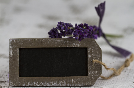wellbeing and feel good concept with empty sign and lavenderの写真素材
