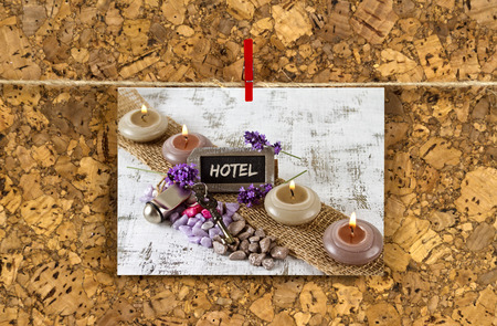 Business card with Hotel concept on a cork pinboardの写真素材