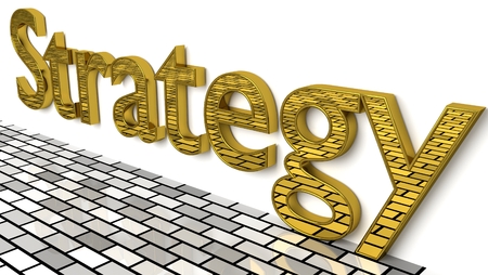 Strategy sign in gold and glossy letters on a white background and a brick pattern floor for an interesting header for Strategy concept with copy space. 3d, Illustrationの写真素材
