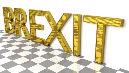 BREXIT sign in gold and glossy letters on a white background and a checkerboard pattern floor for an interesting header for Brexit news with copy space. 3d, Illustrationの写真素材
