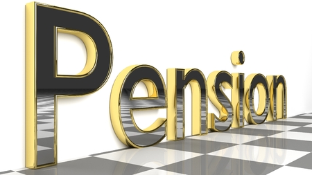 Pension sign in gold and glossy letters on a white background and a checkerboard pattern floor for an interesting header for trade concept with copy space. 3d Rendering - Illustrationの写真素材