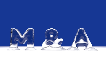 M&A word from melting ice letters  for an interesting header for merger and aquisition concept with copy space. 3d Rendering - Illustrationの写真素材