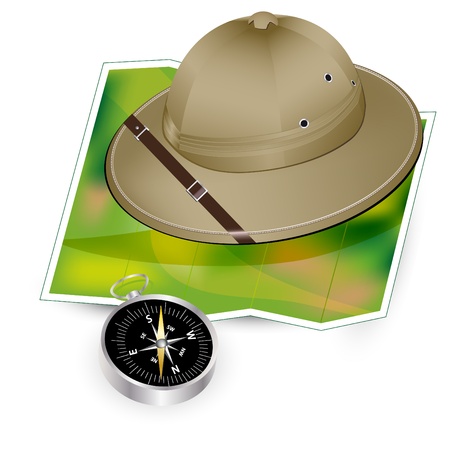 Safari hat, map and compass - travel iconのイラスト素材