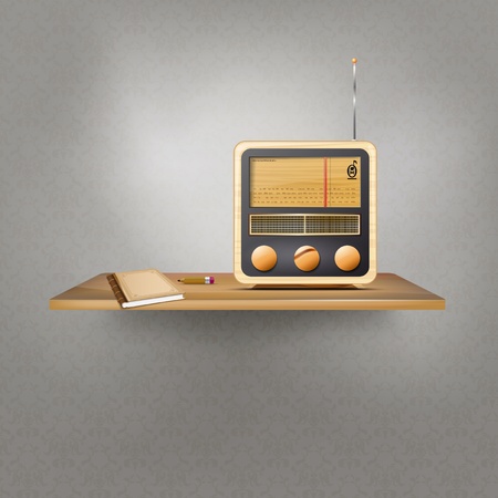 Wooden shelf with vintage radio, book and pencil のイラスト素材