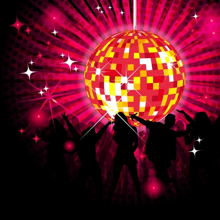 Party design with dancing people, disco-ball and glittersのイラスト素材