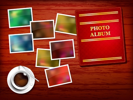 Wooden table, album, photos, coffee - place for your textのイラスト素材