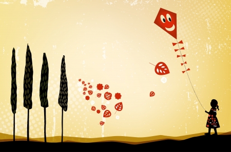 Girl with kite - fall theme - vector fileのイラスト素材