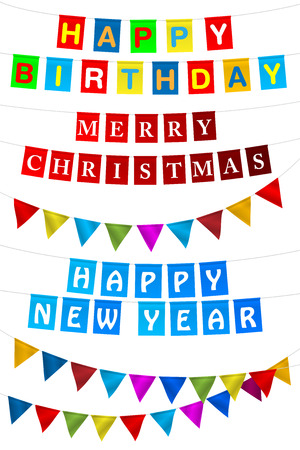 Set of multicolored flags with the inscription HAPPY BIRTHDAY - MERRY CHRISTMAS - HAPPY NEW YEAR  Isolated on white - vector illustrationのイラスト素材